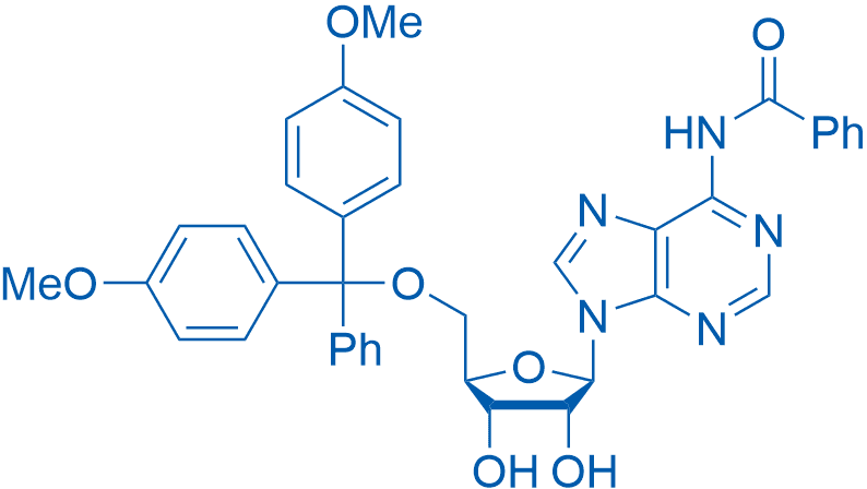 N-(9-((2R,3R,4S,5R)-5-((双(4-甲氧基苯基)(苯基)甲氧基)甲基)-3,4-二羟基四氢呋喃-2-基)-9H-嘌呤-6-基)苯甲酰胺 分子结构式