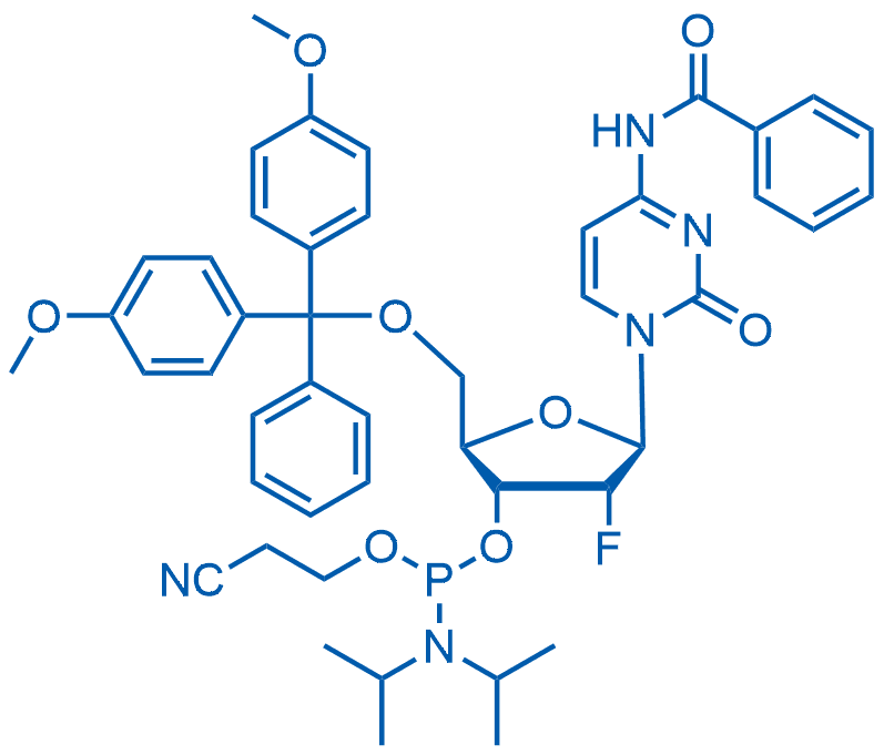 (2R,3R,4R,5R)-5-(4-苯甲酰胺基-2-氧代嘧啶-1(2H)-基)-2-((双(4-甲氧基苯基)(苯基)甲氧基)甲基)-4-氟四氢呋喃 -3-基（2-氰乙基）二异丙基亚磷酰胺 分子结构式