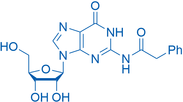 N-(9-((2R,3R,4S,5R)-3,4-二羟基-5-(羟甲基)四氢呋喃-2-基)-6-氧代-6,9-二氢-1H-嘌呤-2-基)-2-苯乙酰胺 分子结构式