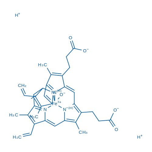 [二氢3,7,12,17-四甲基-8,13-二乙烯基-2,18-卟啉二丙酸(2-)]羟基铁 分子结构式